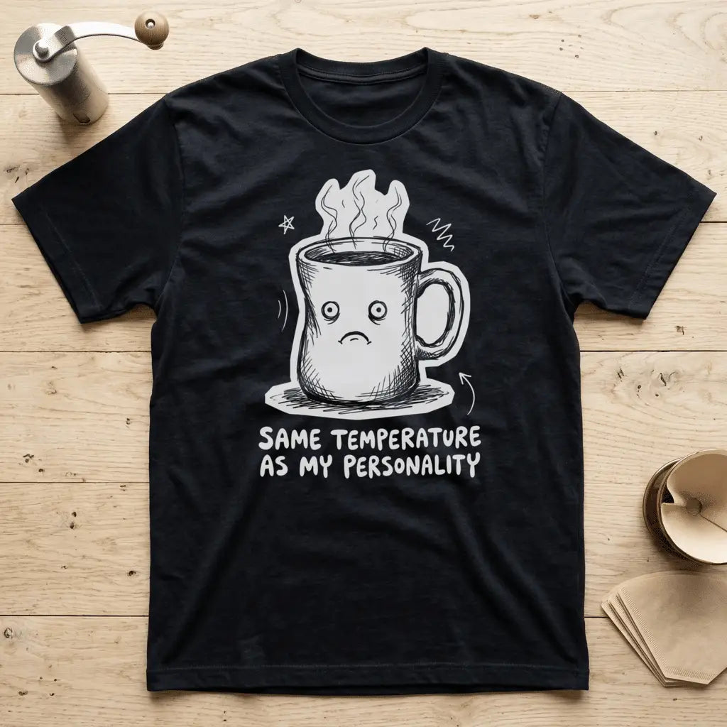 Black - Navy t-shirt with sad coffee mug character design and text "Same Temperature As My Personality