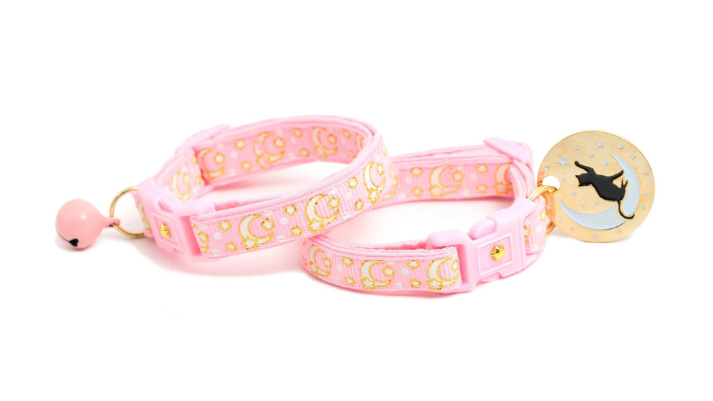 Powder Pink Cat Collar with Gold Moons & Stars - optimized image