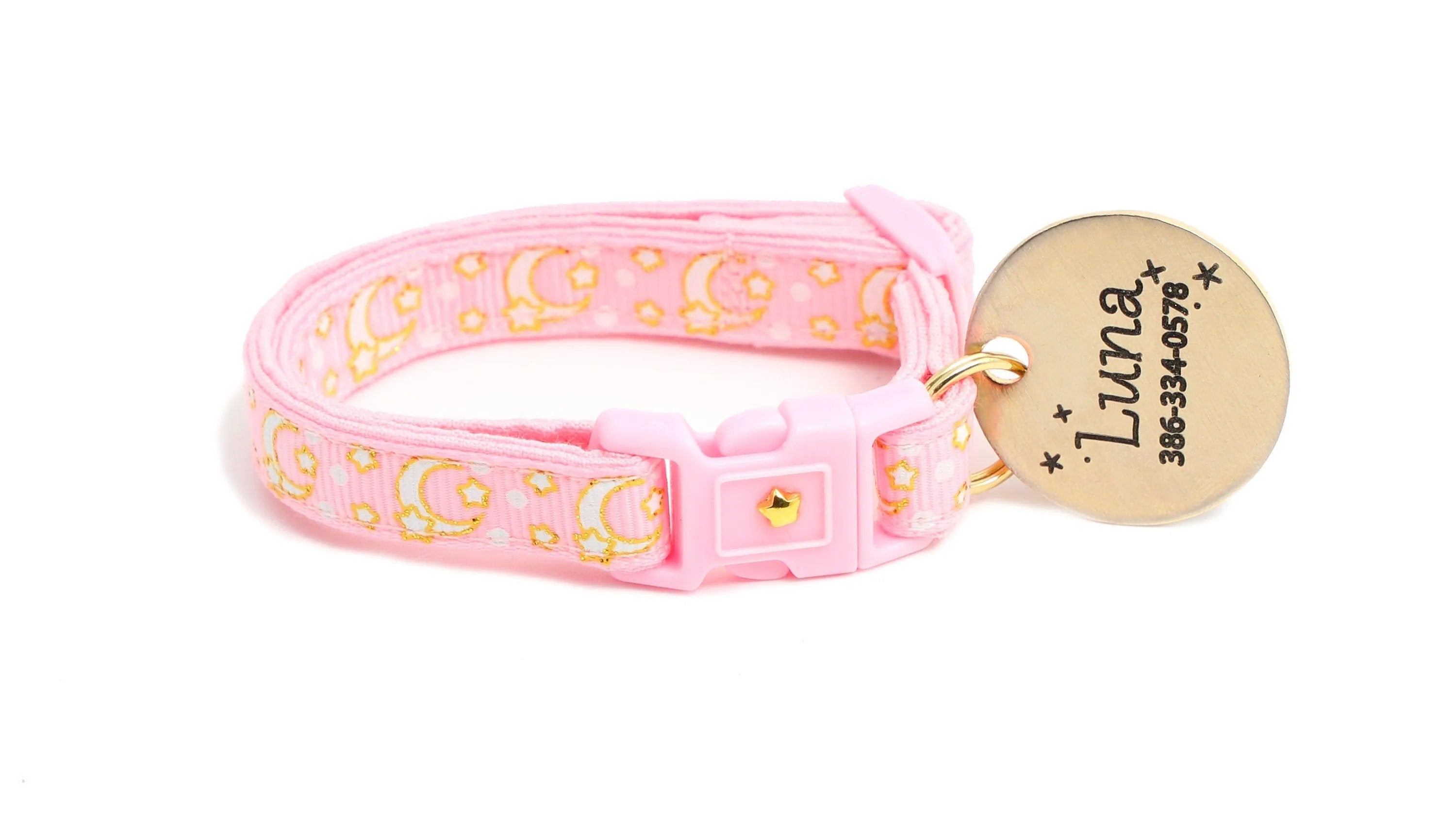 Powder Pink Cat Collar with Gold Moons & Stars - optimized image