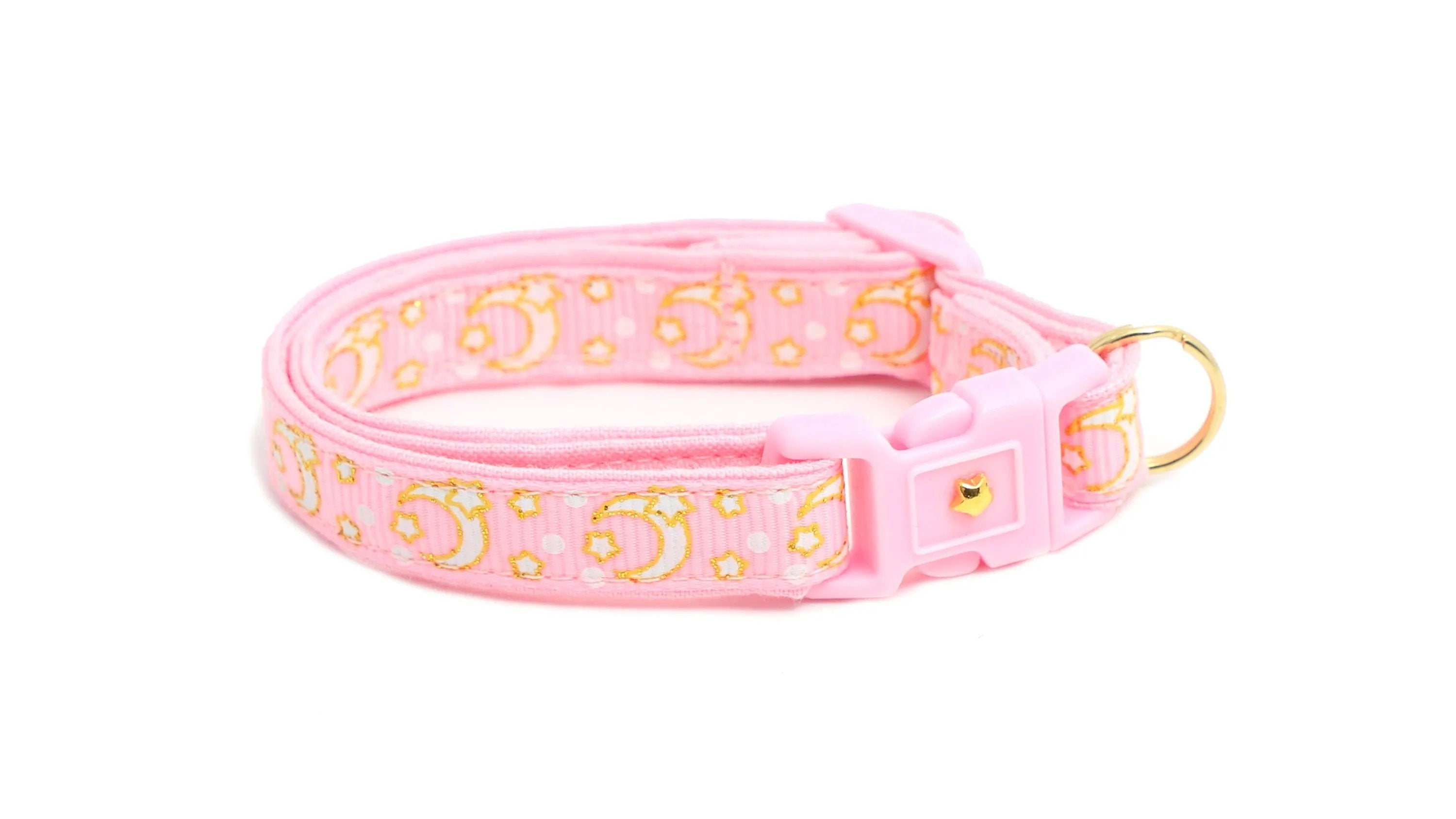 Powder Pink Cat Collar with Gold Moons & Stars - optimized image