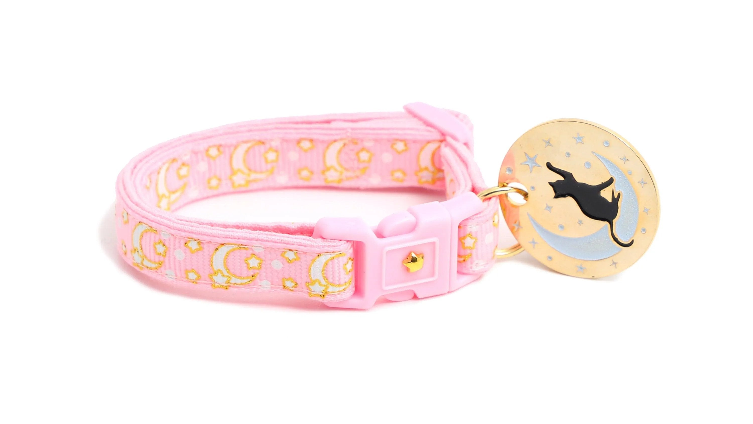 Powder Pink Cat Collar with Gold Moons & Stars - optimized image
