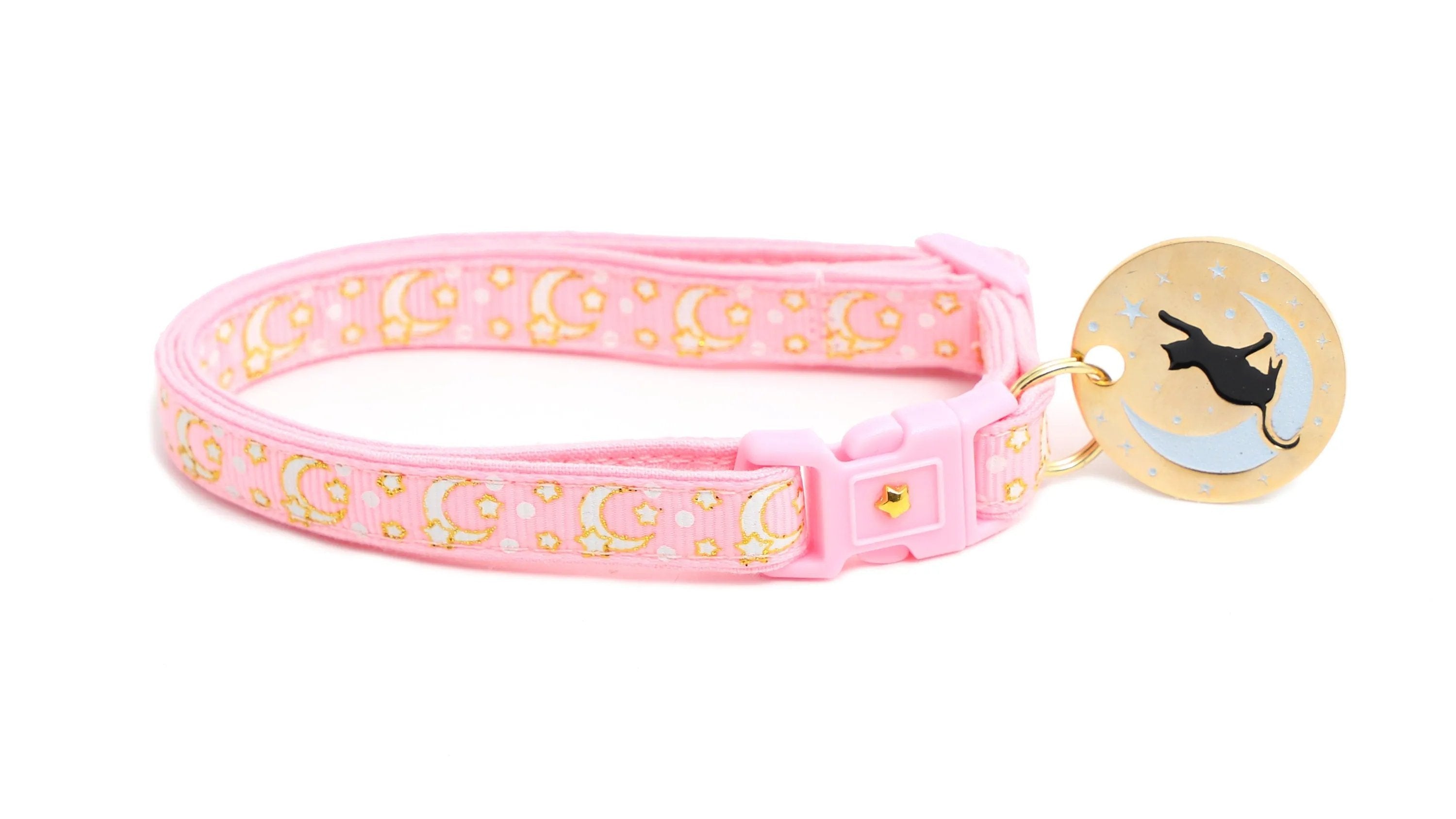Powder Pink Cat Collar with Gold Moons & Stars - optimized image