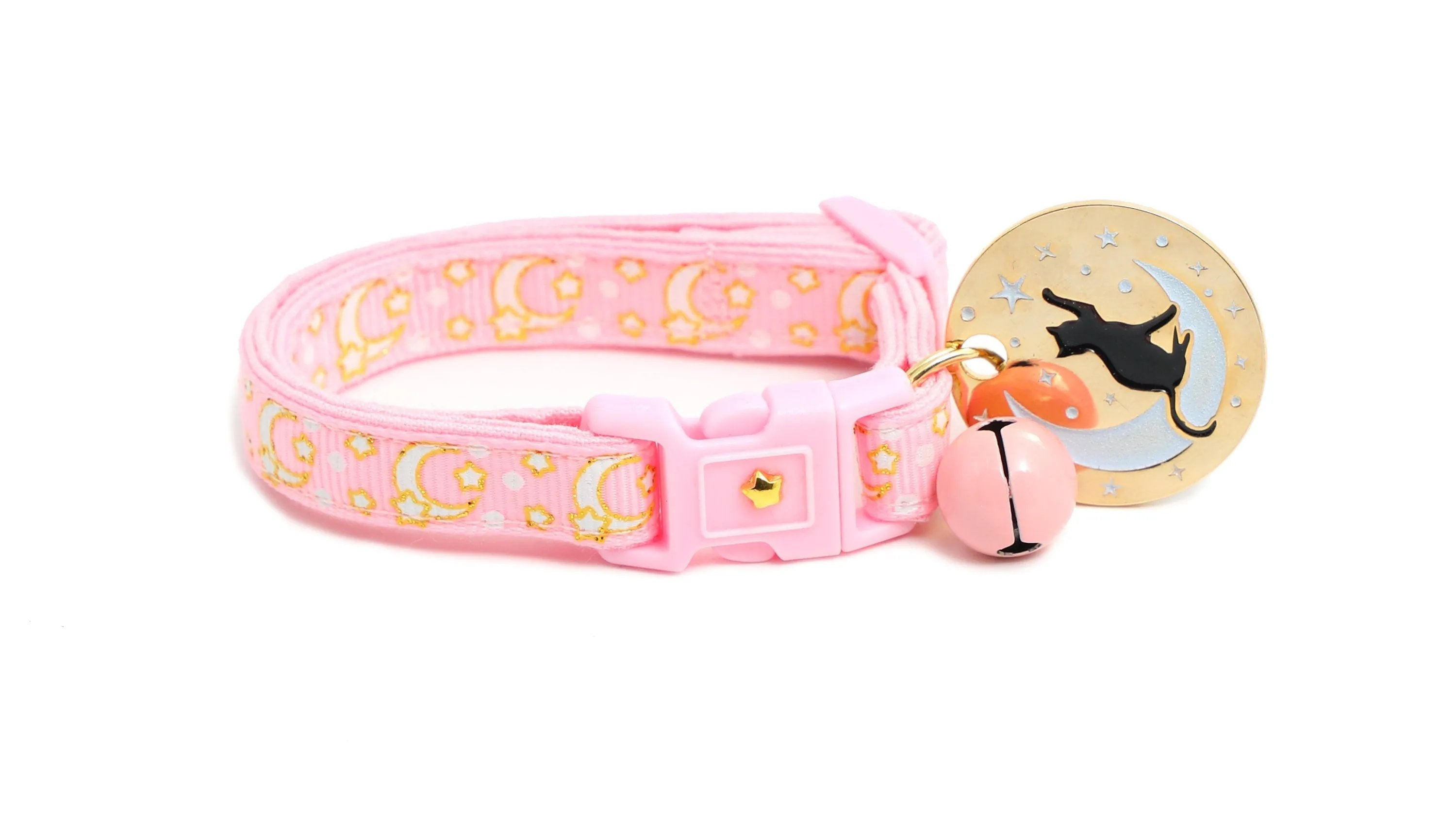 Powder Pink Cat Collar with Gold Moons & Stars - optimized image