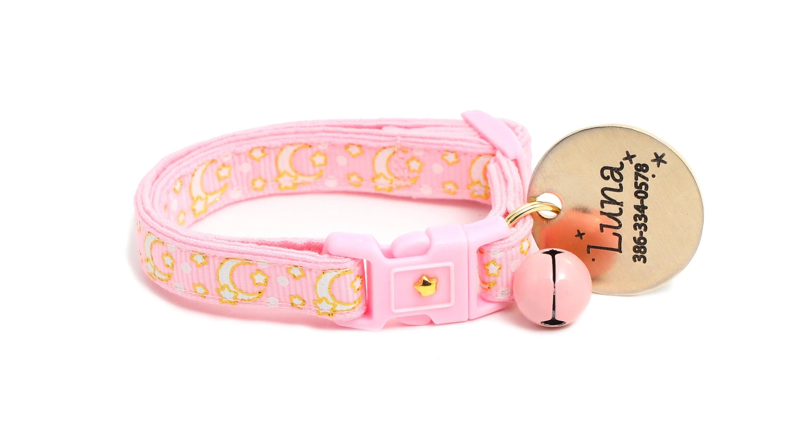 Powder Pink Cat Collar with Gold Moons & Stars - optimized image