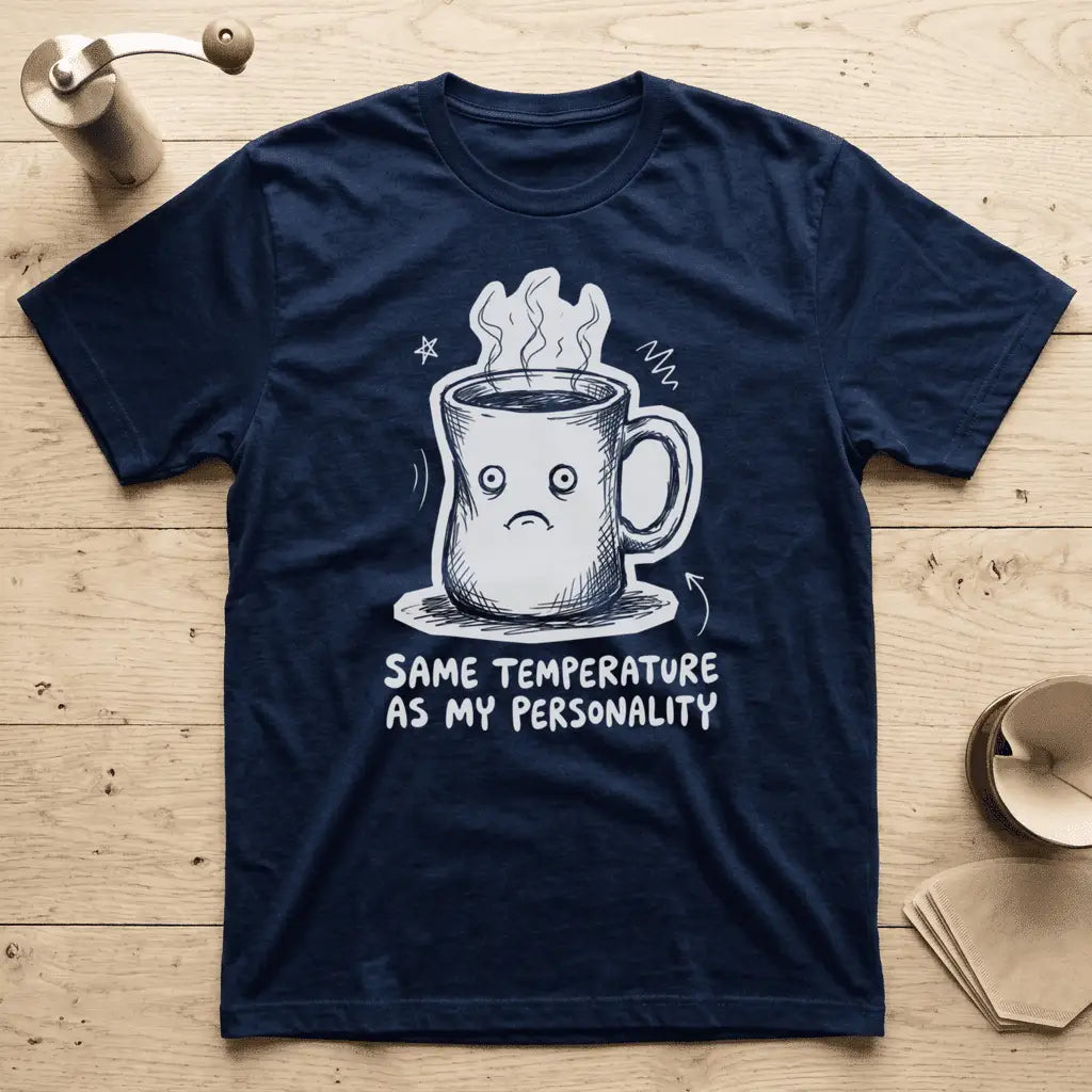Navy - Navy t-shirt with sad coffee mug character design and text "Same Temperature As My Personality