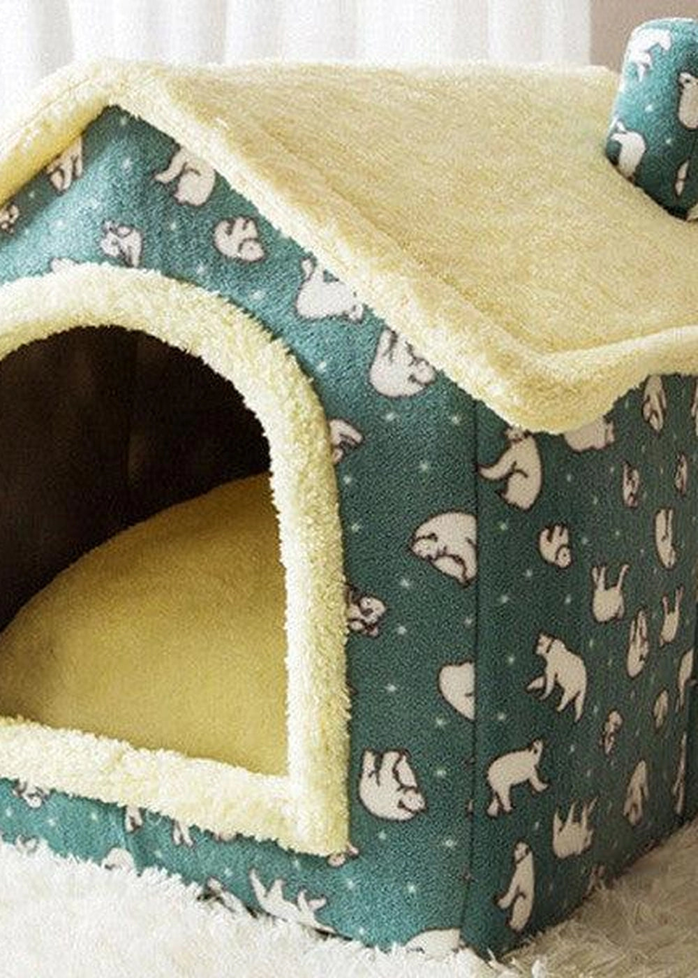 Winter pet bed house, foldable and cozy for pets.