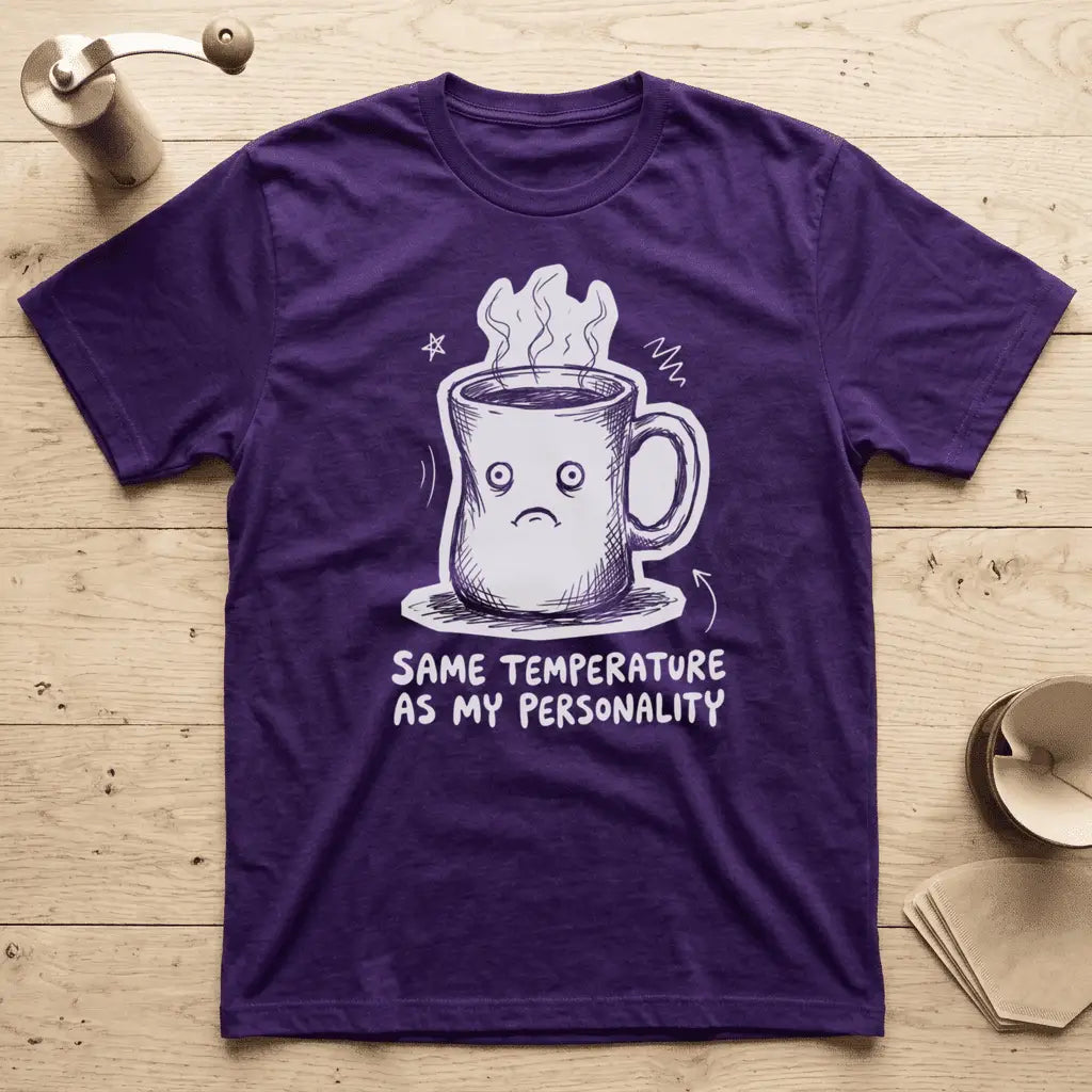 Purple - Navy t-shirt with sad coffee mug character design and text "Same Temperature As My Personality