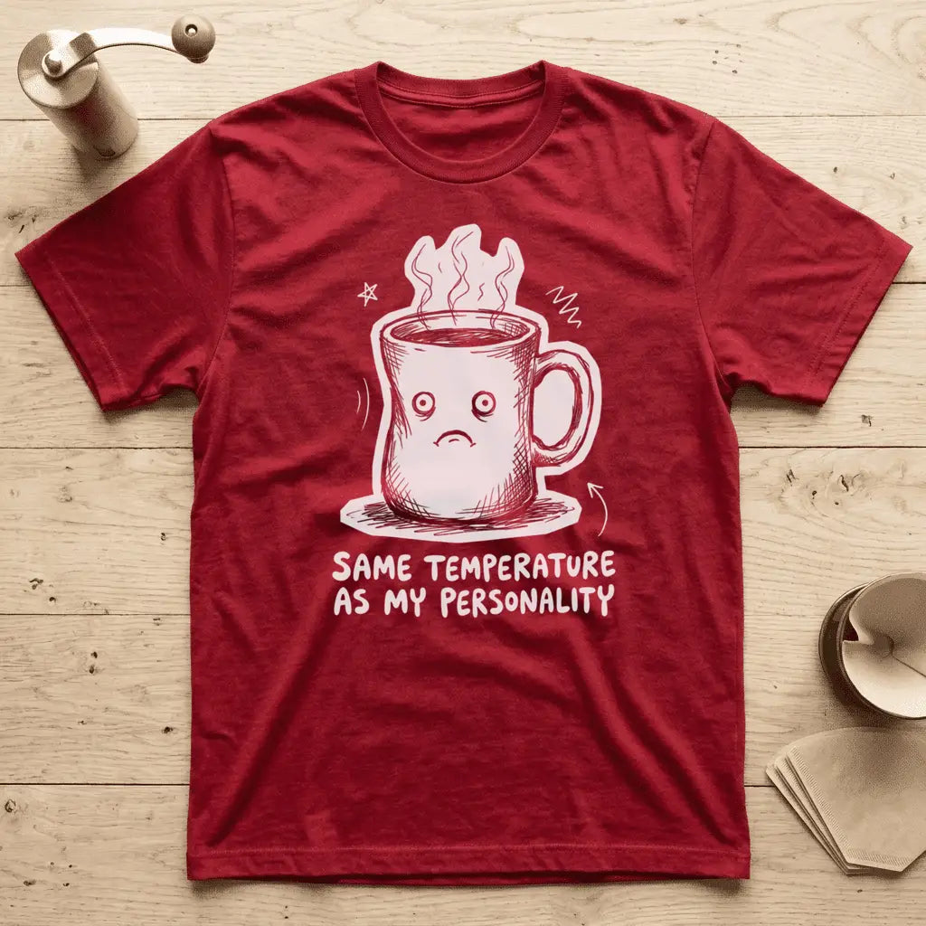 Red - Navy t-shirt with sad coffee mug character design and text "Same Temperature As My Personality